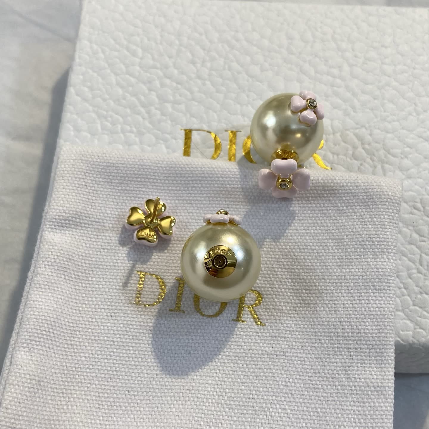 Van Cleef & Arpels Gold Pearl Earrings with Pink Enamel Bow
